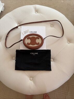 Authentic Celine Brown & Cream Triomphe Oval Crossbody Bag. New no defects.